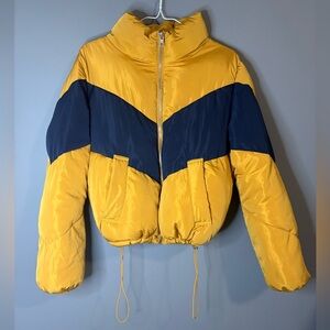Love Tree size small Yellow and Navy striped Puffer Jacket adjustable waist